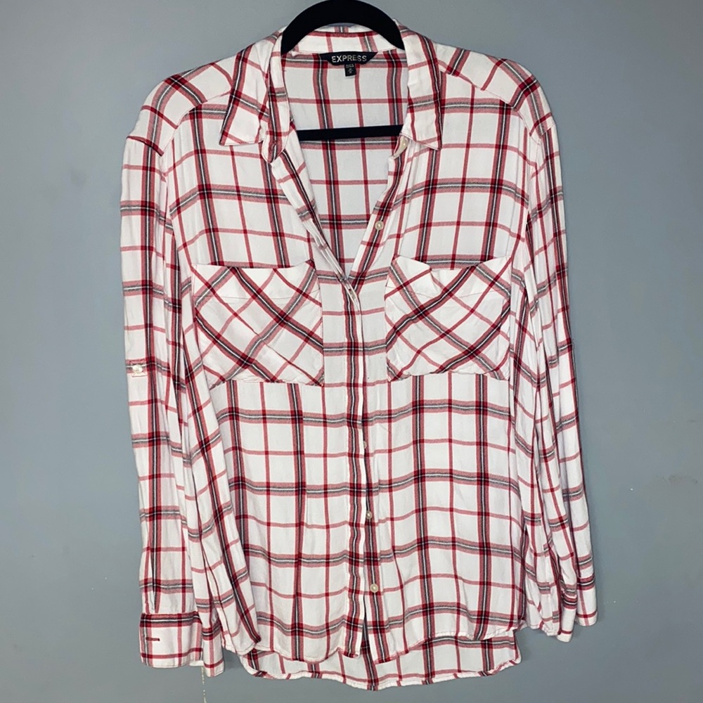 Express red and white plaid button up
